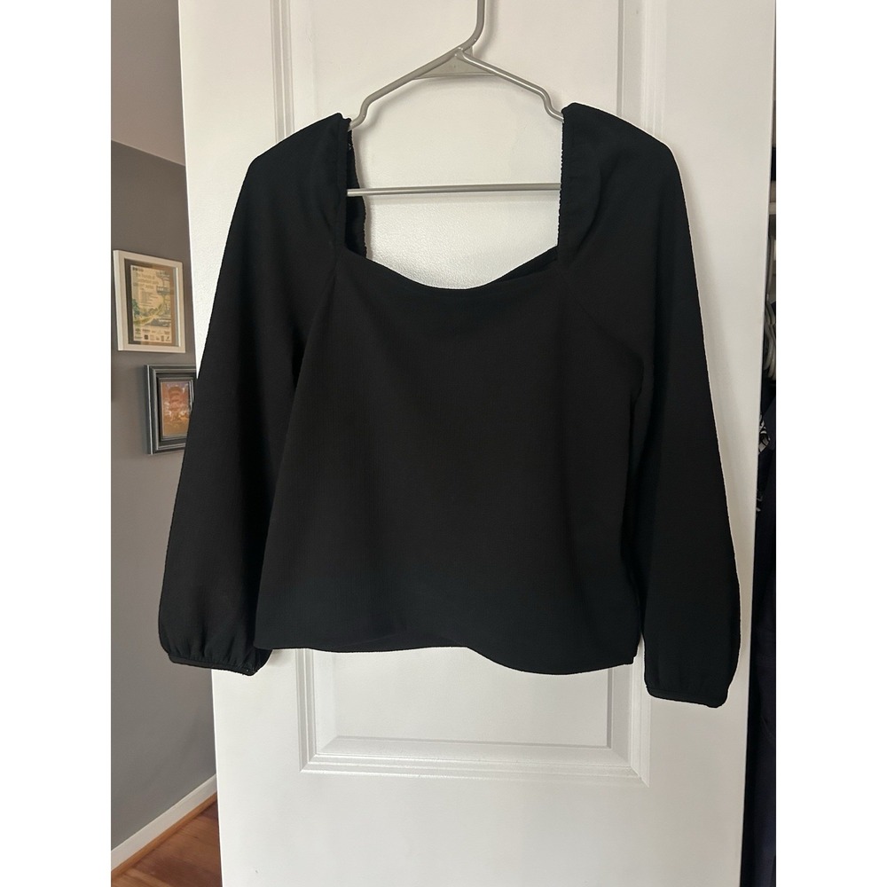 Madewell Crepe Square Neck Long  Puff Sleeve Top Women's Black Stretch Small